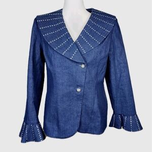 Moshita Couture Structured Denim Blazer Jacket Womens 8 Rhinestone Party Event